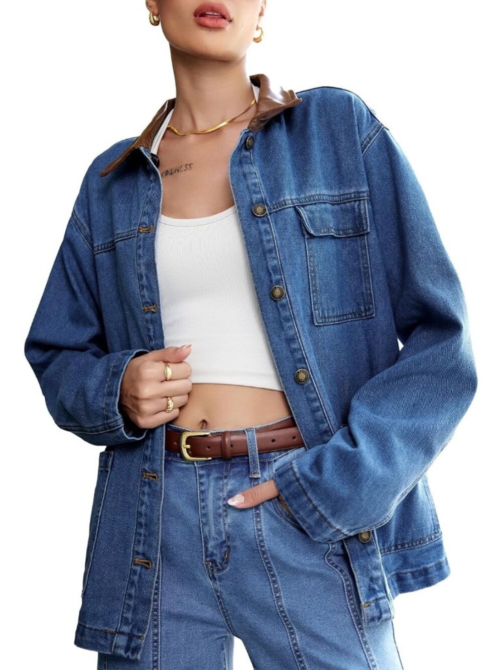 Women’s Dark Blue Long Sleeve Button Down Trendy Denim Jean Jacket Shacket